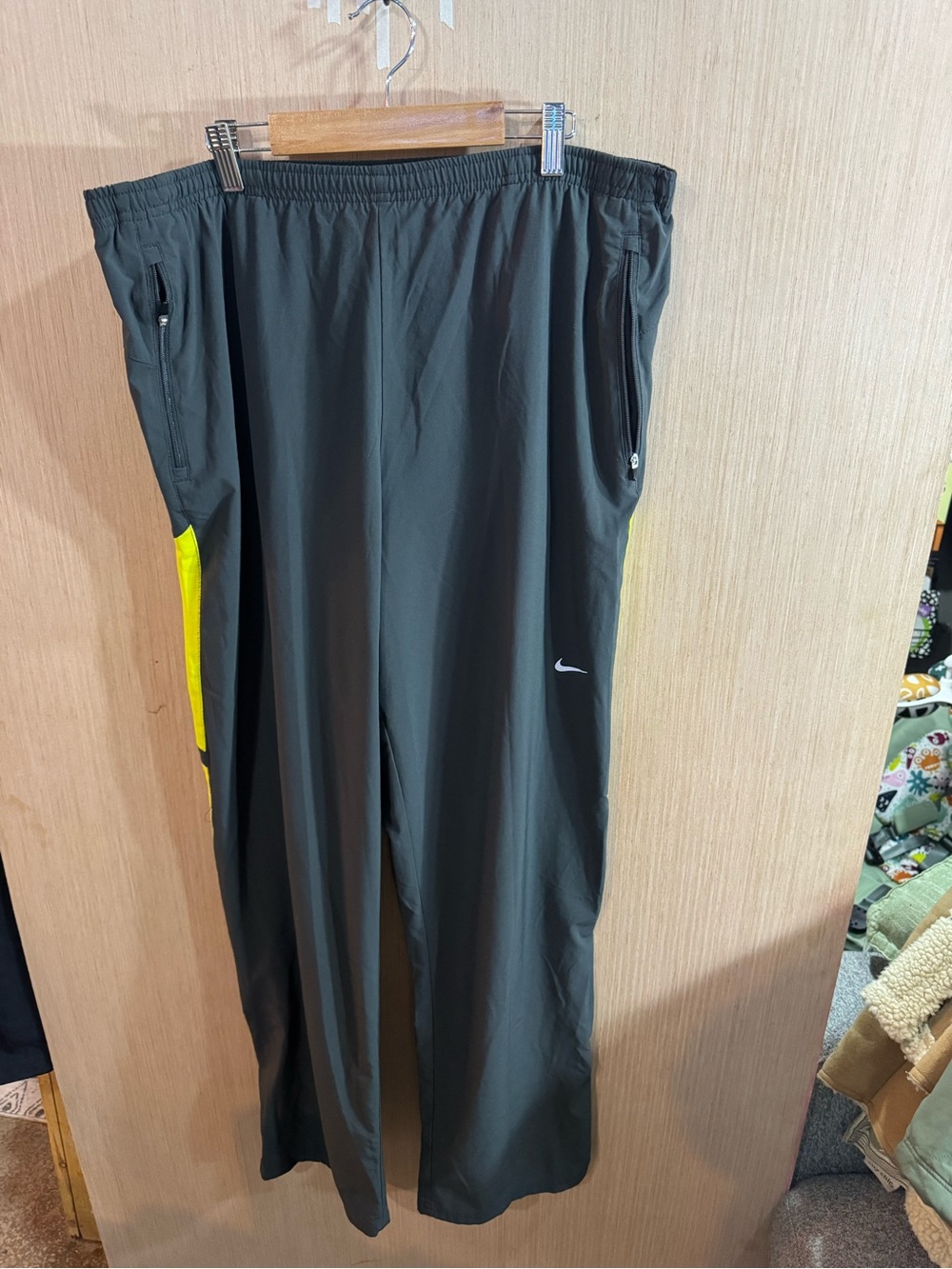 Nike FIT Dry Dark Grey Track Pants with Neon Yellow Panels Size Medium